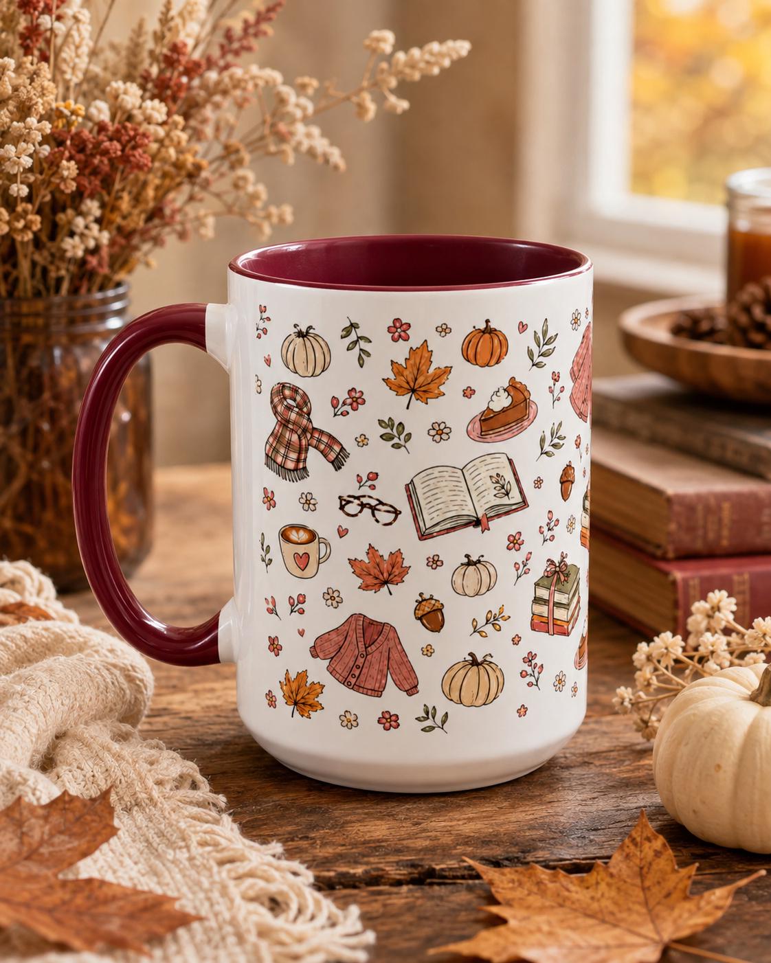 Cozy Autumn Mug, Pumpkin Book Sweater Pattern Ceramic Cup (11oz or 15oz)