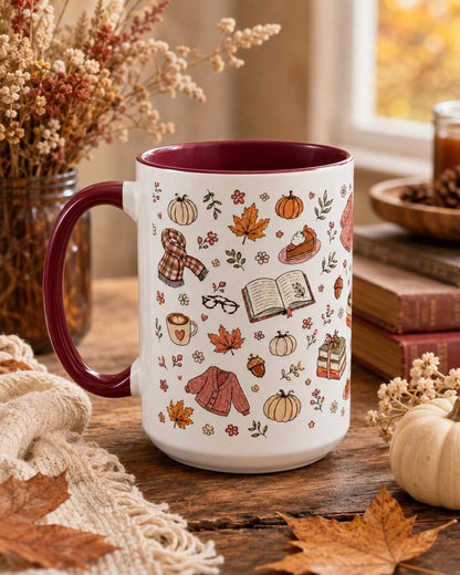 Cozy Autumn Mug, Pumpkin Book Sweater Pattern Ceramic Cup (11oz or 15oz)