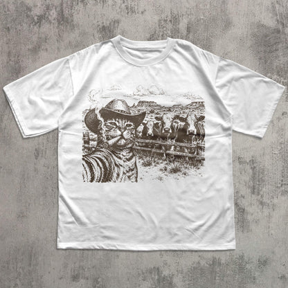 Cowboy Cat Shirt, Western Cat T-Shirt, Funny Cat Lover Tee, Smoking Cat Graphic Shirt, Ranch Cat Shirt, Cow Lover Gift, Vintage Western Tee