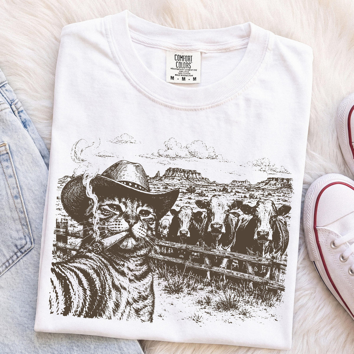 Cowboy Cat Shirt, Western Cat T-Shirt, Funny Cat Lover Tee, Smoking Cat Graphic Shirt, Ranch Cat Shirt, Cow Lover Gift, Vintage Western Tee