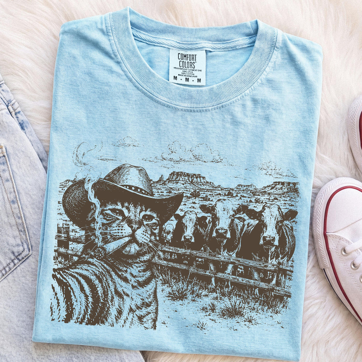 Cowboy Cat Shirt, Western Cat T-Shirt, Funny Cat Lover Tee, Smoking Cat Graphic Shirt, Ranch Cat Shirt, Cow Lover Gift, Vintage Western Tee