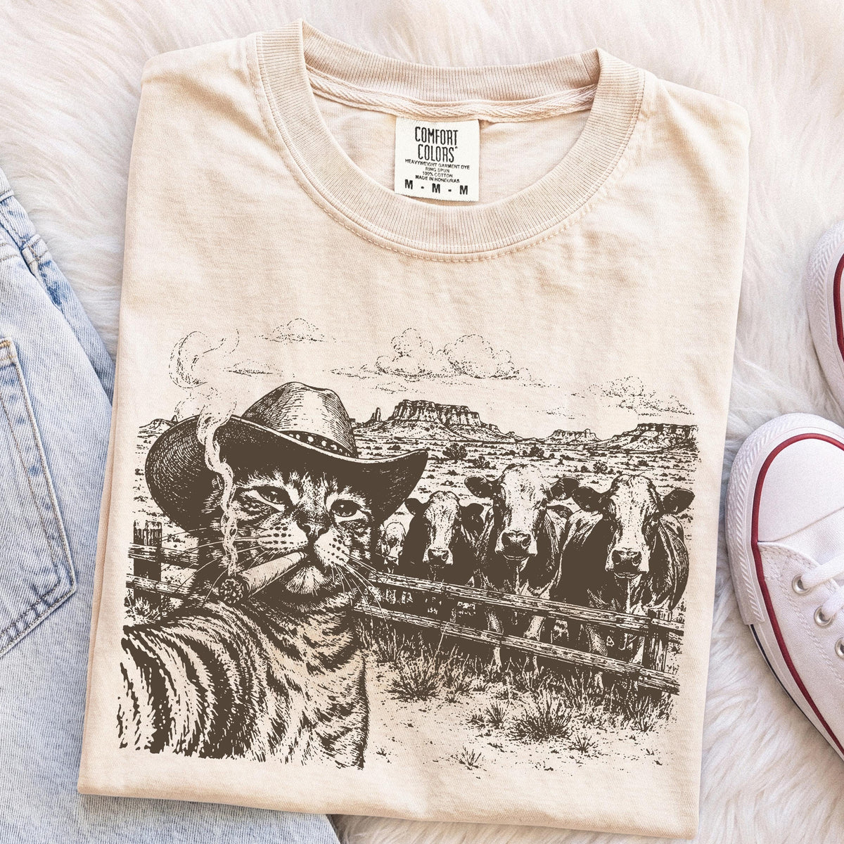 Cowboy Cat Shirt, Western Cat T-Shirt, Funny Cat Lover Tee, Smoking Cat Graphic Shirt, Ranch Cat Shirt, Cow Lover Gift, Vintage Western Tee