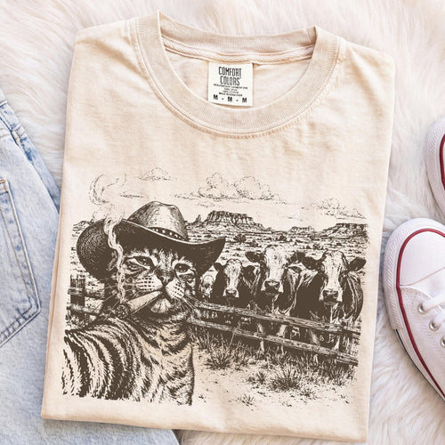 Cowboy Cat Shirt, Western Cat T-Shirt, Funny Cat Lover Tee, Smoking Cat Graphic Shirt, Ranch Cat Shirt, Cow Lover Gift, Vintage Western Tee