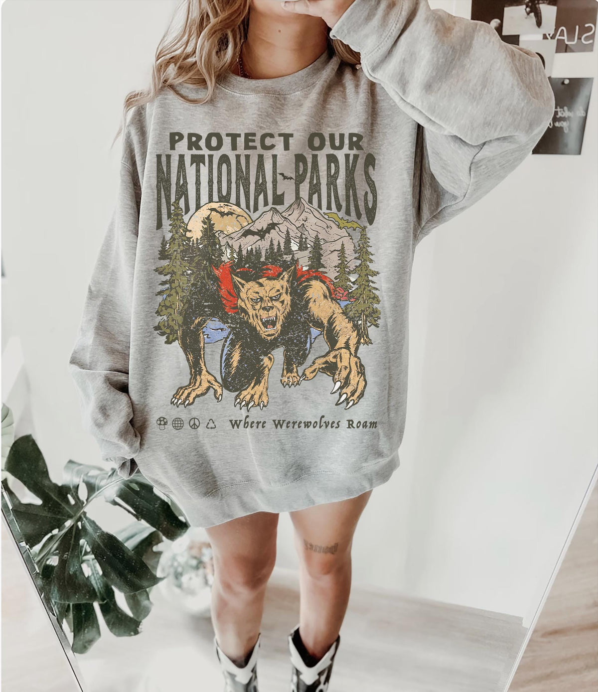 90s Protect Our National Parks Vintage Werewolf Graphic Sweatshirt | vintage Camping Shirt