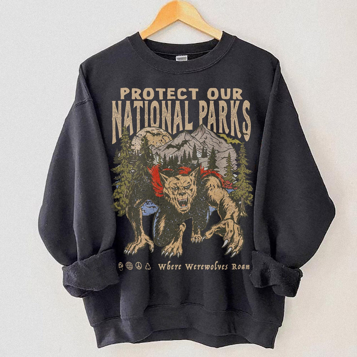 90s Protect Our National Parks Vintage Werewolf Graphic Sweatshirt | vintage Camping Shirt
