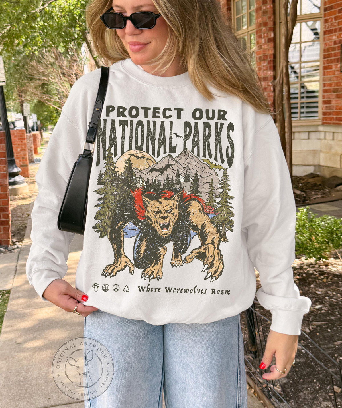 90s Protect Our National Parks Vintage Werewolf Graphic Sweatshirt | vintage Camping Shirt