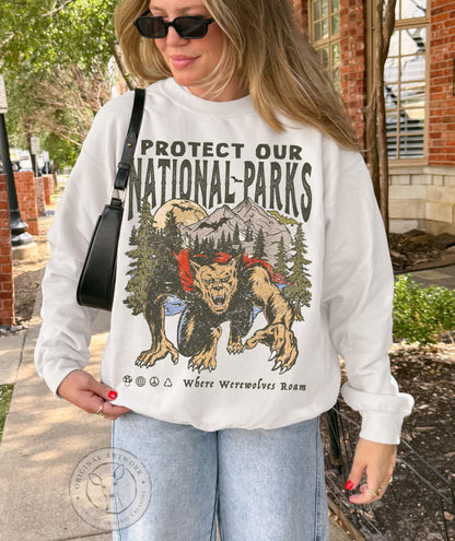 90s Protect Our National Parks Vintage Werewolf Graphic Sweatshirt | vintage Camping Shirt
