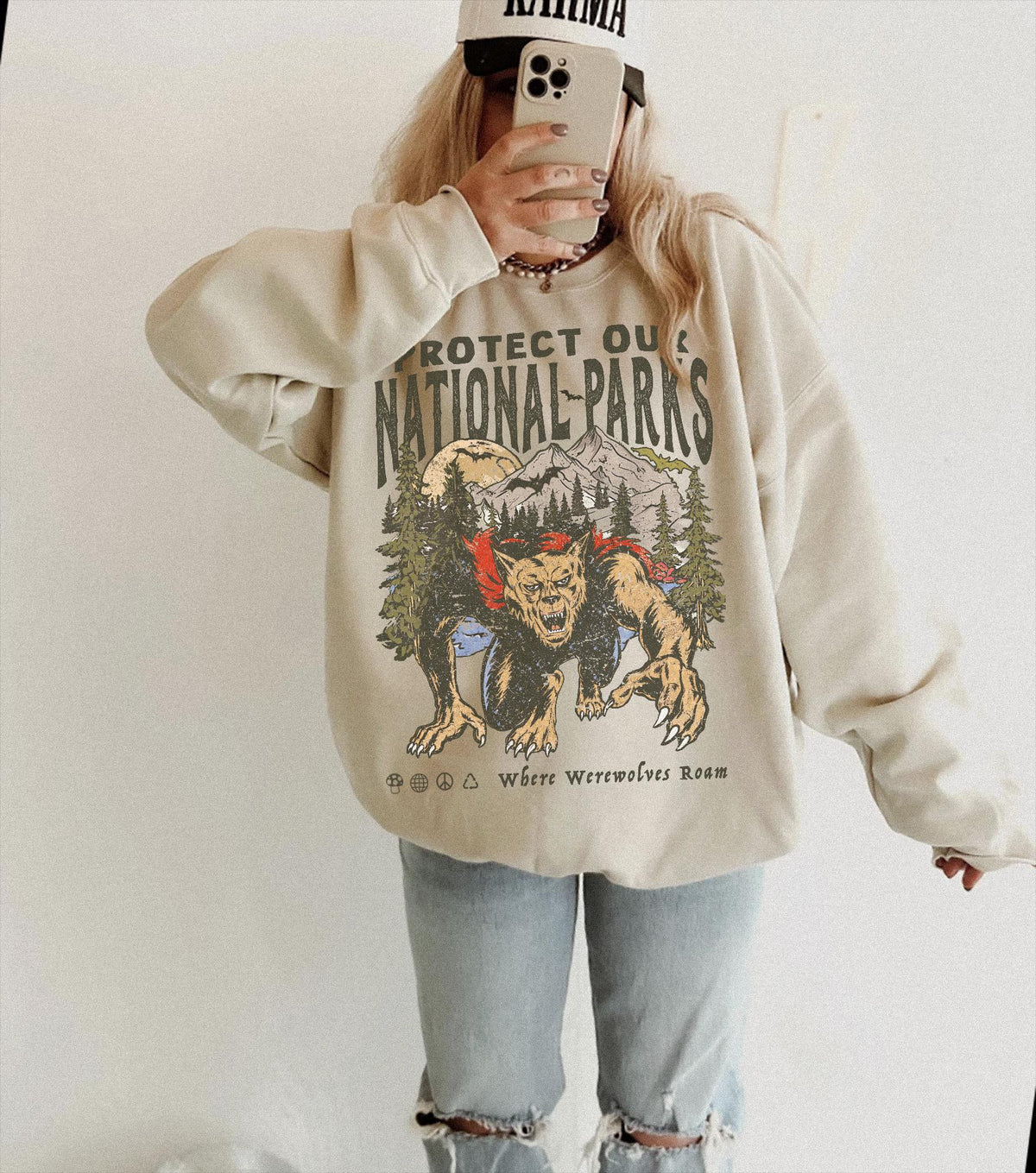 90s Protect Our National Parks Vintage Werewolf Graphic Sweatshirt | vintage Camping Shirt