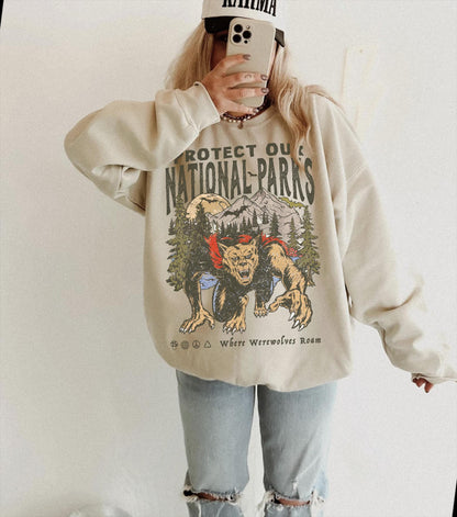 90s Protect Our National Parks Vintage Werewolf Graphic Sweatshirt | vintage Camping Shirt