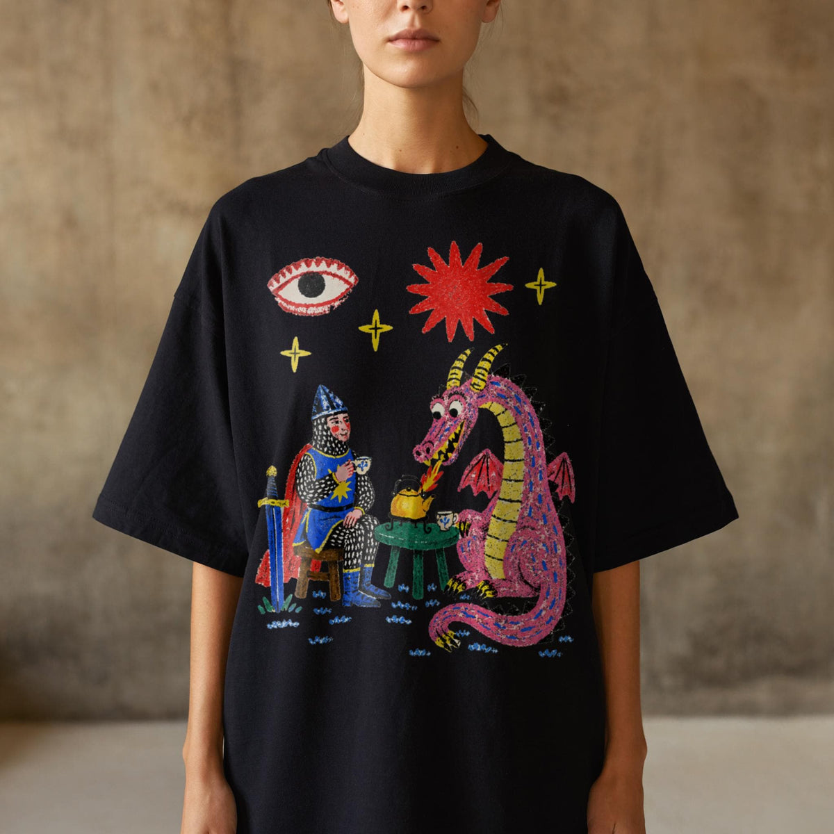 Dragon Tea Party Shirt, Knight and Pink Dragon Folk Art, Comfort Colors Tee