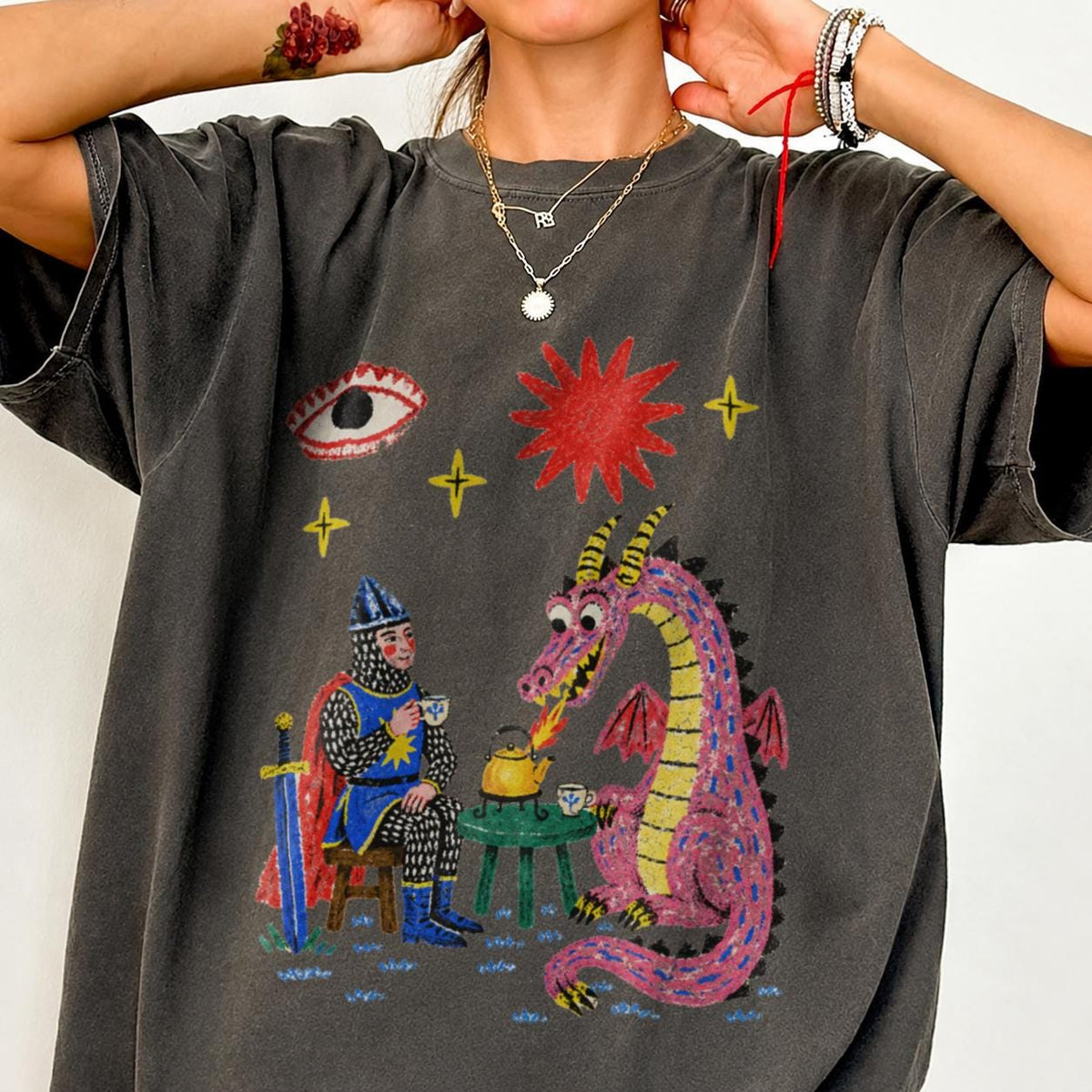 Dragon Tea Party Shirt, Knight and Pink Dragon Folk Art, Comfort Colors Tee