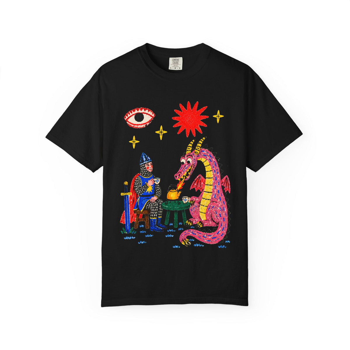 Dragon Tea Party Shirt, Knight and Pink Dragon Folk Art, Comfort Colors Tee