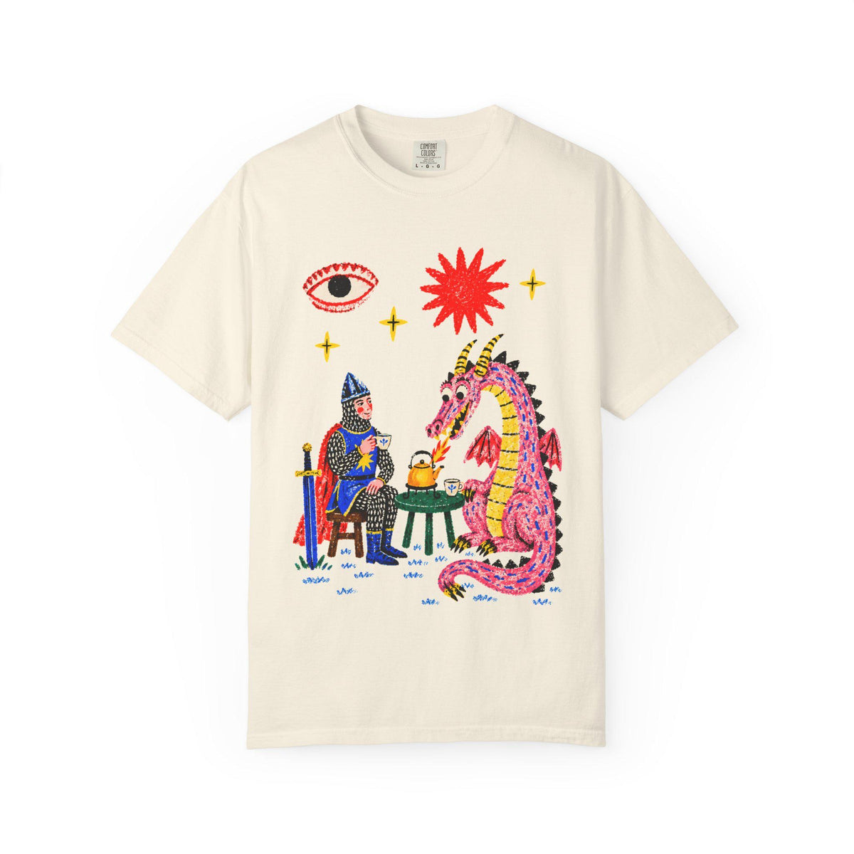 Dragon Tea Party Shirt, Knight and Pink Dragon Folk Art, Comfort Colors Tee