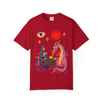 Dragon Tea Party Shirt, Knight and Pink Dragon Folk Art, Comfort Colors Tee