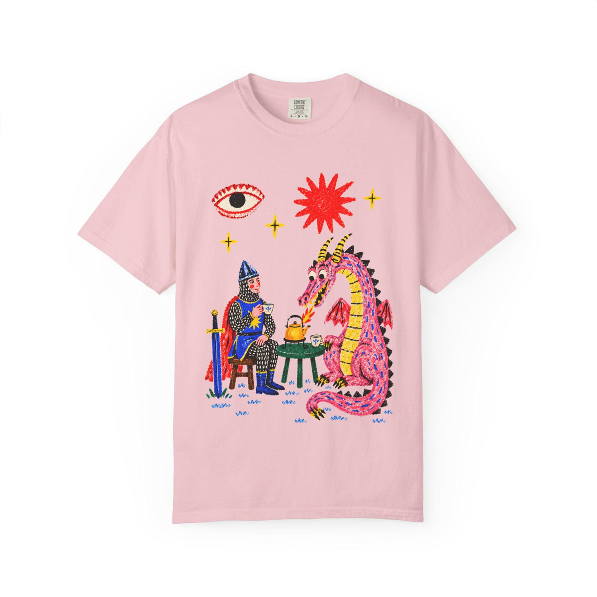 Dragon Tea Party Shirt, Knight and Pink Dragon Folk Art, Comfort Colors Tee