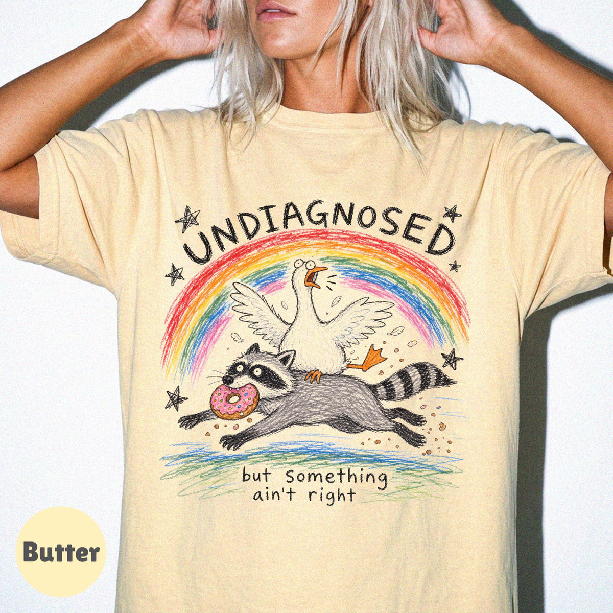 Undiagnosed But Something Ain't Right Shirt, Funny Goose Riding Raccoon Tee, Comfort Colors Silly Goose T-Shirt, Mental Health Humor Gift