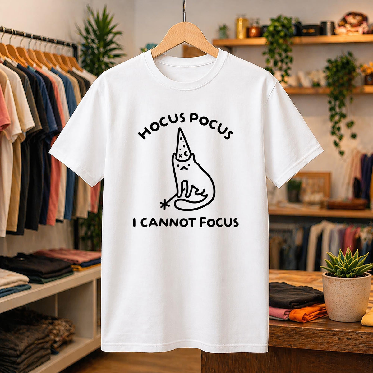 Hocus Pocus I Cannot Focus Shirt, Neurodivergent Meme Tee, Sarcastic Graphic T-Shirt, Funny Cat Wizard Design, ADHD Humor Gift