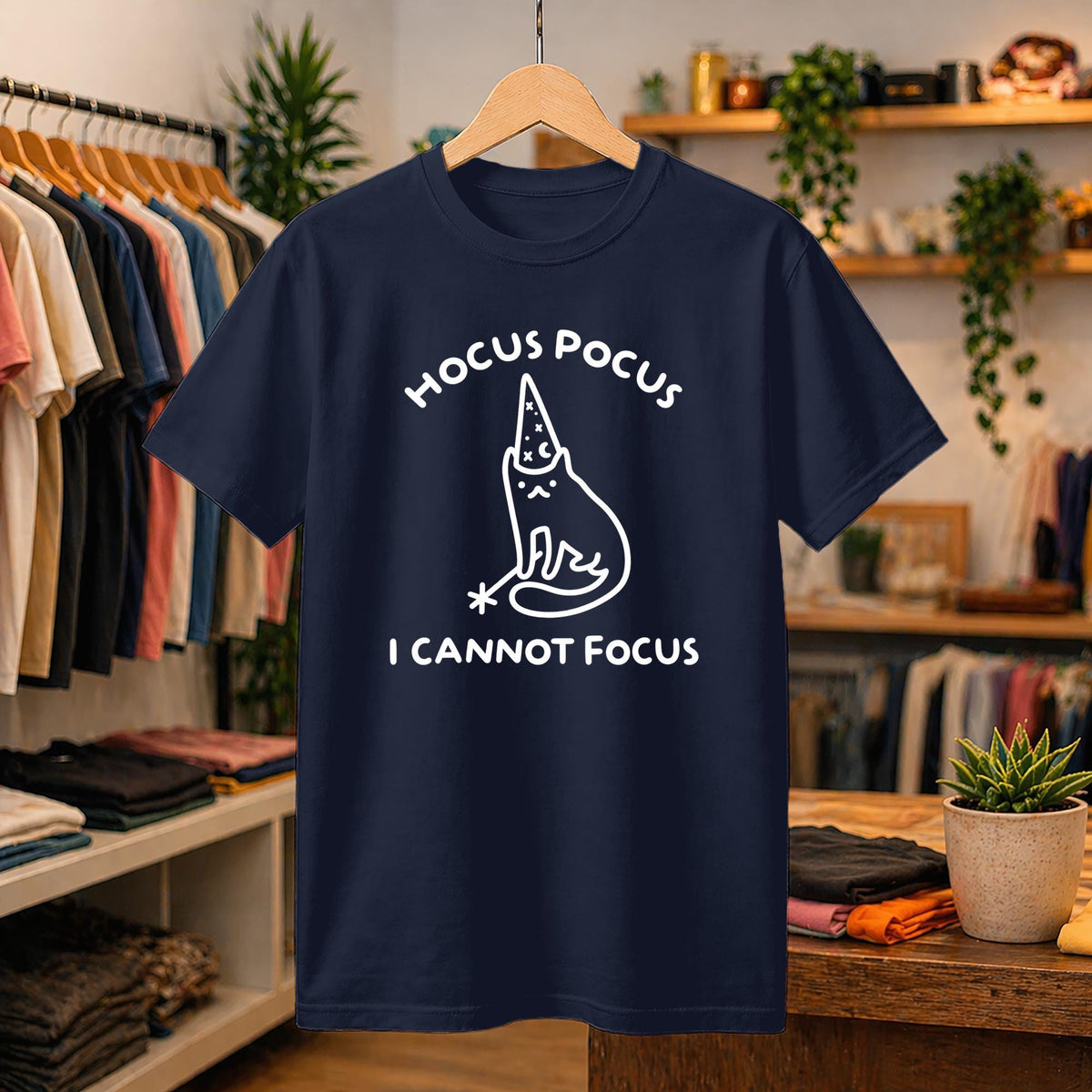 Hocus Pocus I Cannot Focus Shirt, Neurodivergent Meme Tee, Sarcastic Graphic T-Shirt, Funny Cat Wizard Design, ADHD Humor Gift