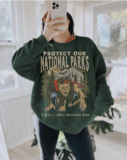 90s Protect Our National Parks Vintage Werewolf Graphic Sweatshirt | vintage Camping Shirt