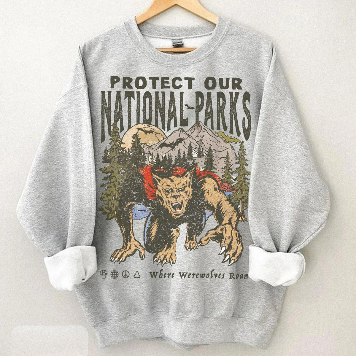 90s Protect Our National Parks Vintage Werewolf Graphic Sweatshirt | vintage Camping Shirt