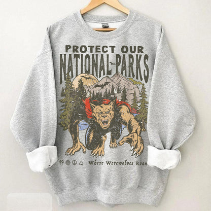 90s Protect Our National Parks Vintage Werewolf Graphic Sweatshirt | vintage Camping Shirt