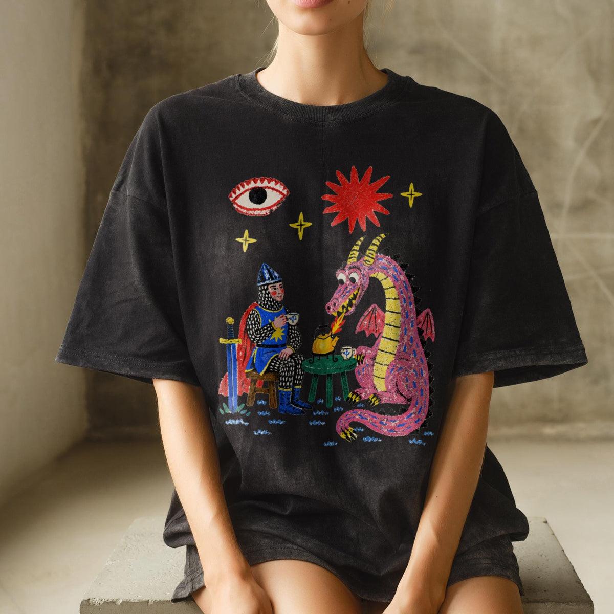 Dragon Tea Party Shirt, Knight and Pink Dragon Folk Art, Comfort Colors Tee