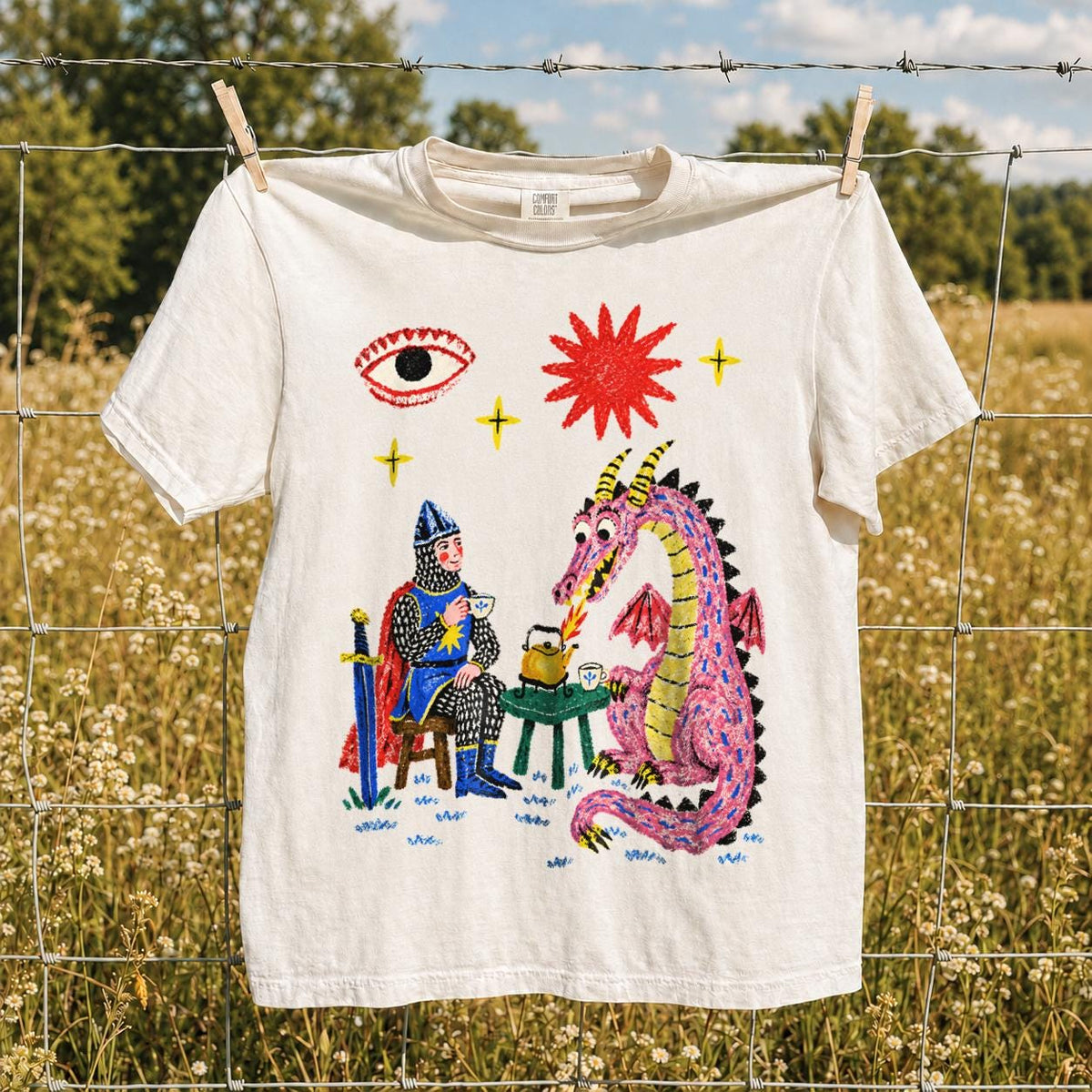 Dragon Tea Party Shirt, Knight and Pink Dragon Folk Art, Comfort Colors Tee