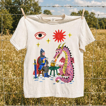 Dragon Tea Party Shirt, Knight and Pink Dragon Folk Art, Comfort Colors Tee