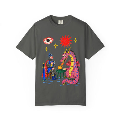 Dragon Tea Party Shirt, Knight and Pink Dragon Folk Art, Comfort Colors Tee