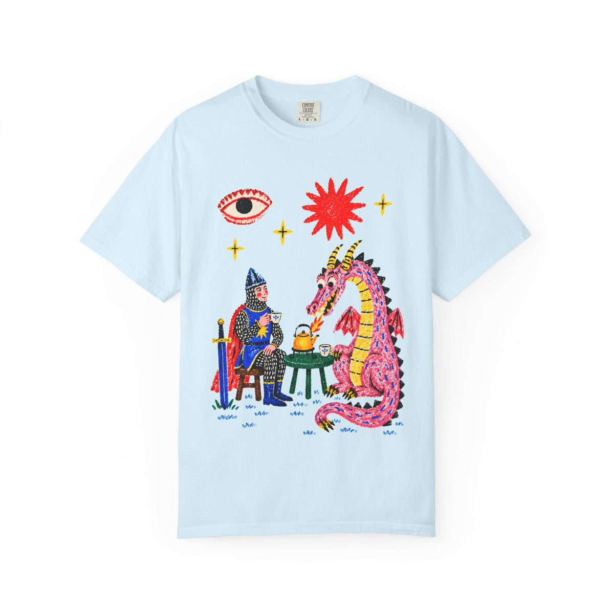 Dragon Tea Party Shirt, Knight and Pink Dragon Folk Art, Comfort Colors Tee