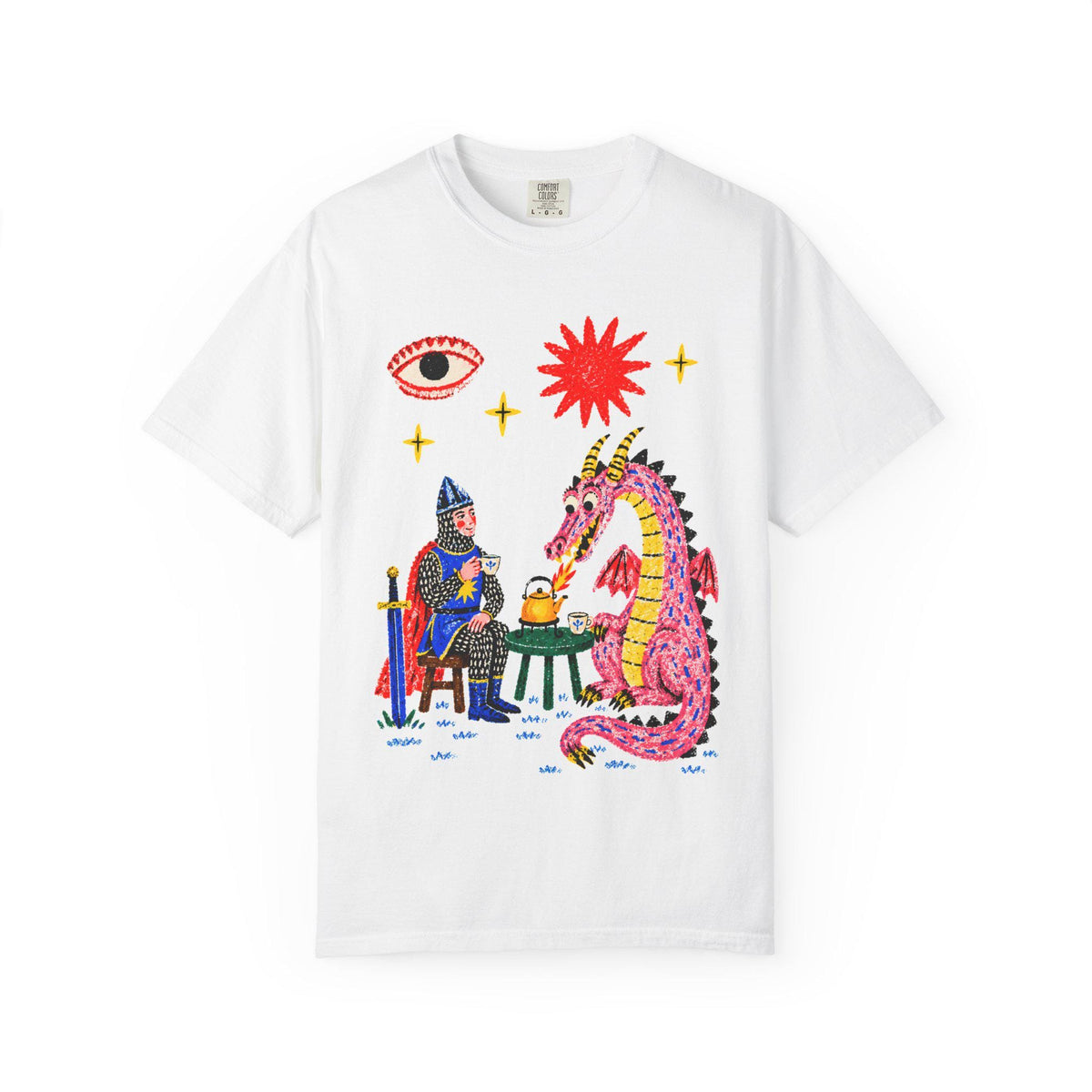 Dragon Tea Party Shirt, Knight and Pink Dragon Folk Art, Comfort Colors Tee