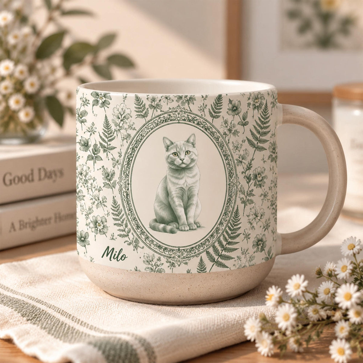 Custom Photo Pet Portrait Toile De Jouy Style Mug, Personalized Pet Portrait Coffee Cup Gift For Cat Dog Lovers, Custom Dog Remembrance Gift