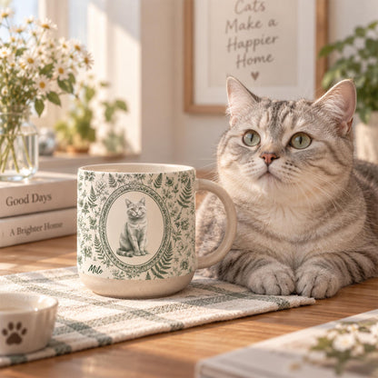 Custom Photo Pet Portrait Toile De Jouy Style Mug, Personalized Pet Portrait Coffee Cup Gift For Cat Dog Lovers, Custom Dog Remembrance Gift