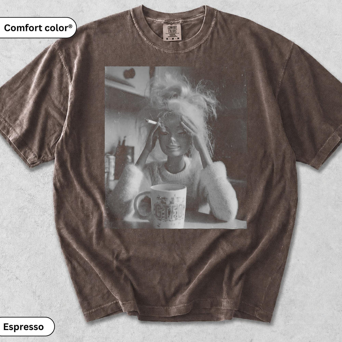 Vintage 90s Doll Face Meme Graphic T-Shirts Smoking GTFO Mug Distressed Funny