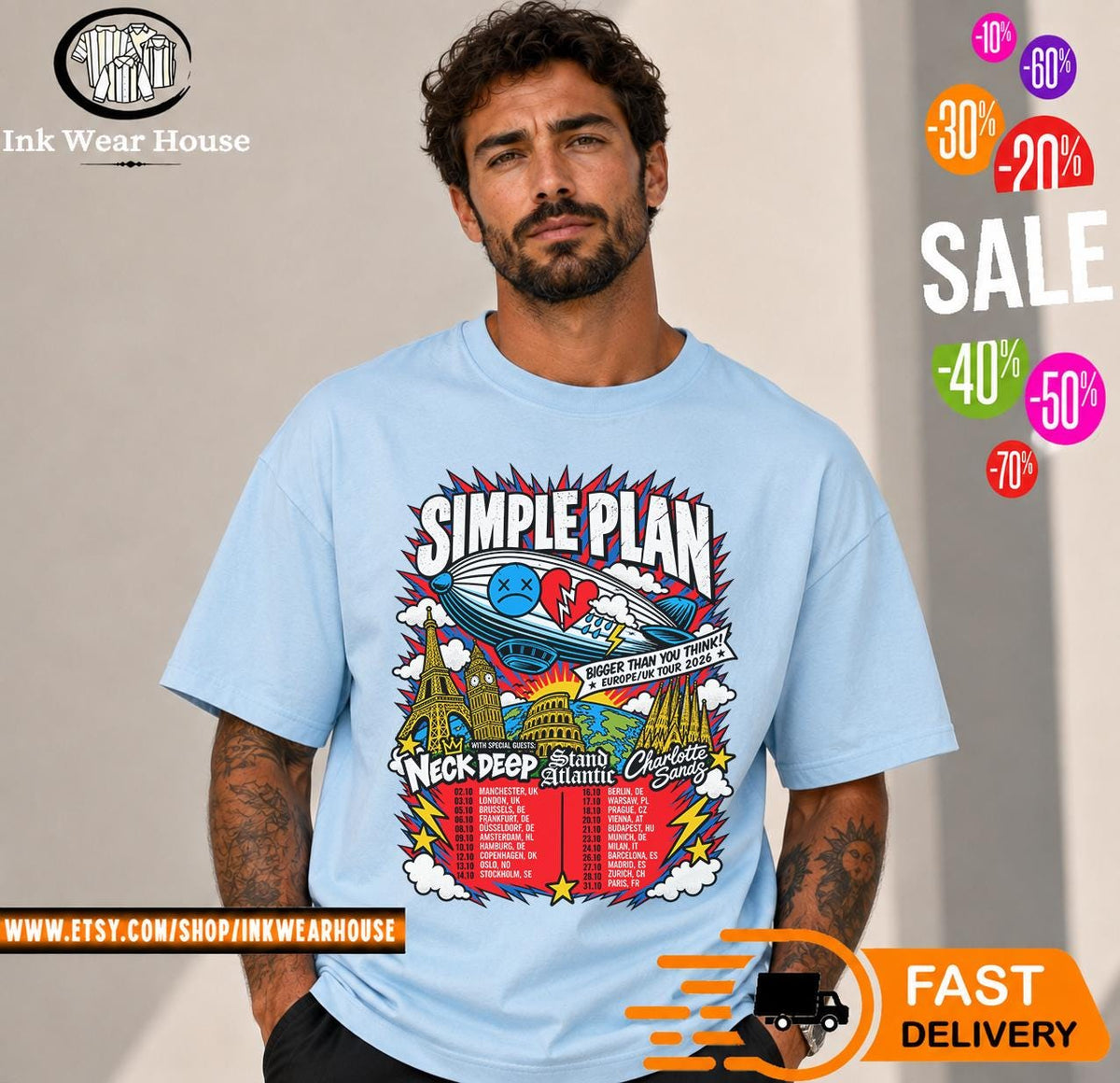Simple Plan Bigger Than You Think Europe UK Tour 2026 T-Shirt, Pop Punk Concert Shirt, Rock Band Tee