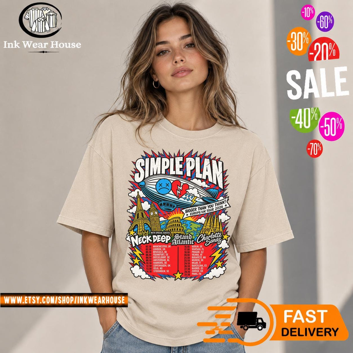 Simple Plan Bigger Than You Think Europe UK Tour 2026 T-Shirt, Pop Punk Concert Shirt, Rock Band Tee