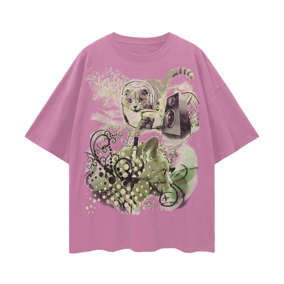 Frutiger Aero Shirt, 100% Cotton Cat Graphic Tee with Y2K Music Artwork