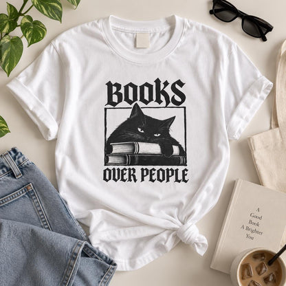 Books Over People T-Shirt | Cat on Books Reading Graphic Tee