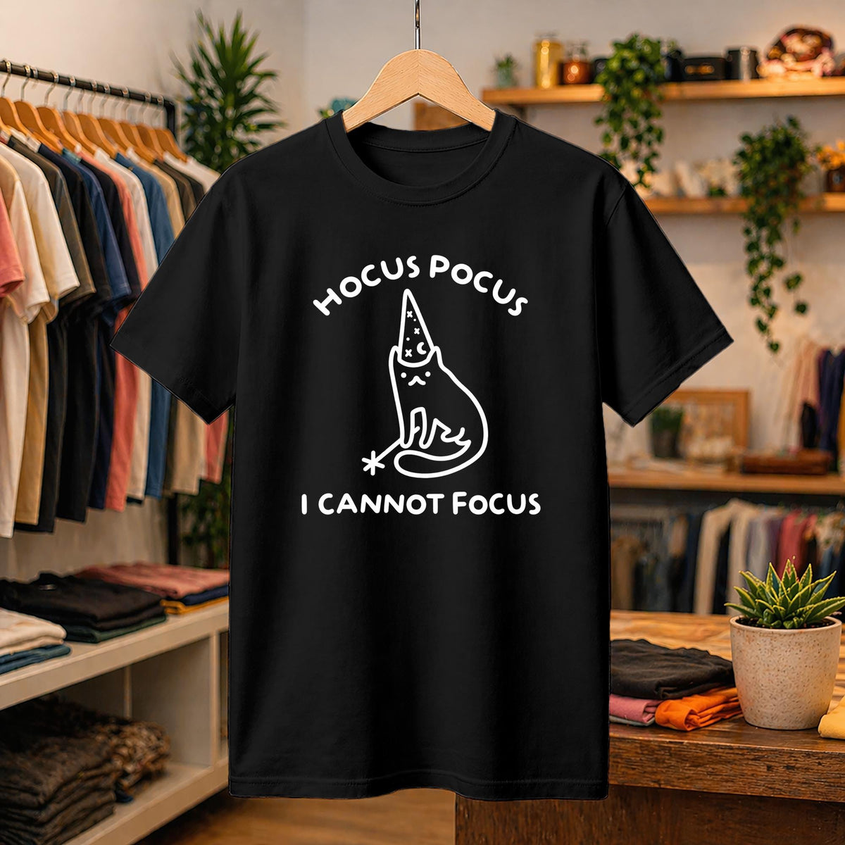 Hocus Pocus I Cannot Focus Shirt, Neurodivergent Meme Tee, Sarcastic Graphic T-Shirt, Funny Cat Wizard Design, ADHD Humor Gift