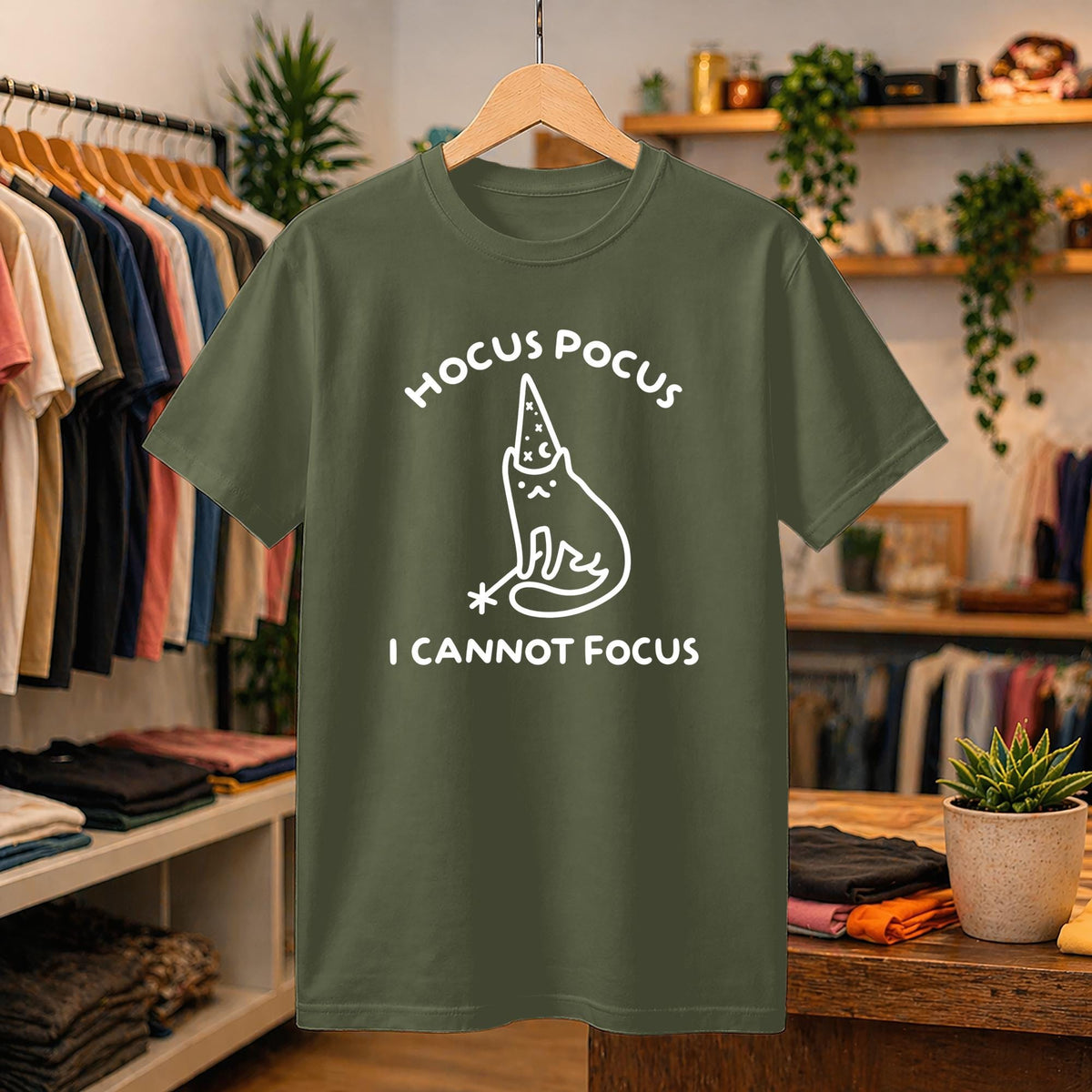 Hocus Pocus I Cannot Focus Shirt, Neurodivergent Meme Tee, Sarcastic Graphic T-Shirt, Funny Cat Wizard Design, ADHD Humor Gift
