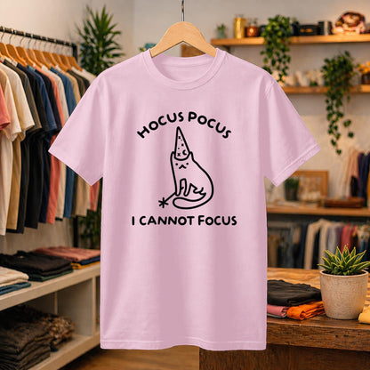 Hocus Pocus I Cannot Focus Shirt, Neurodivergent Meme Tee, Sarcastic Graphic T-Shirt, Funny Cat Wizard Design, ADHD Humor Gift