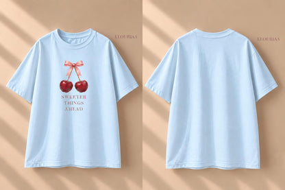 Cherry Bow Graphic Tee, Sweeter Things Ahead, Feminine Cotton T-Shirt
