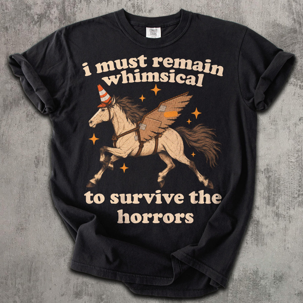 Remain Whimsical Winged Horse Graphic T-Shirt in Comfort Colors Black
