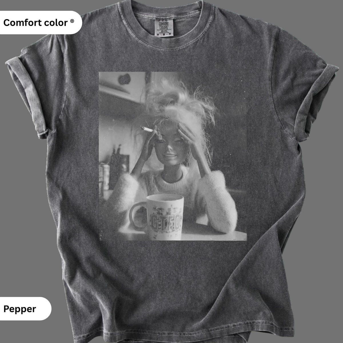Vintage 90s Doll Face Meme Graphic T-Shirts Smoking GTFO Mug Distressed Funny