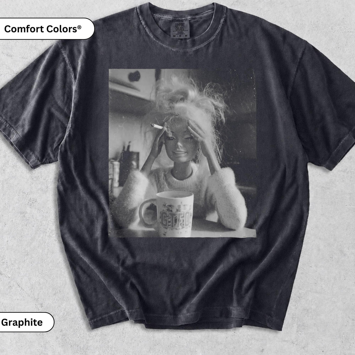 Vintage 90s Doll Face Meme Graphic T-Shirts Smoking GTFO Mug Distressed Funny