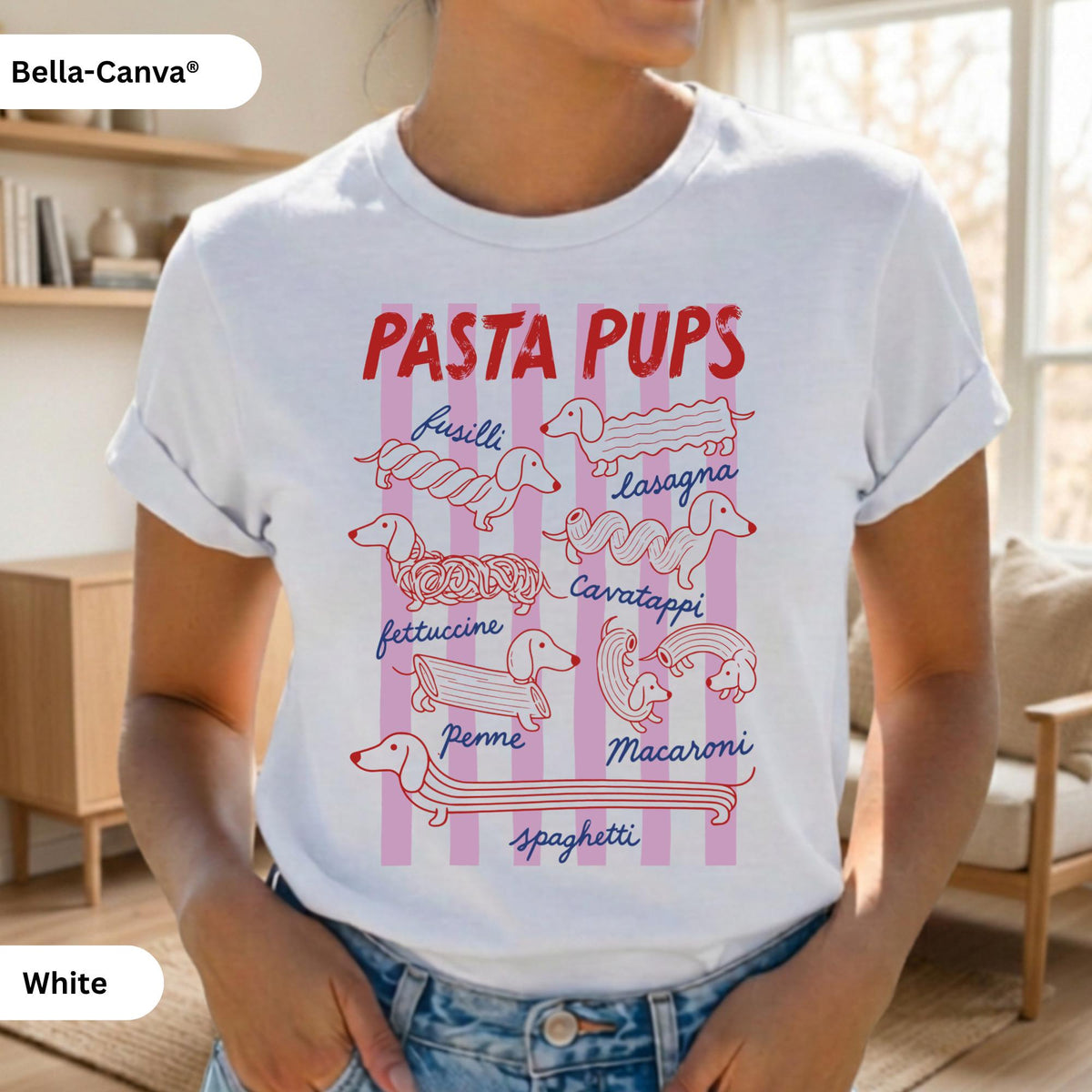 Pasta Pups Dachshund T-Shirt, Cute Doxie Wiener Dog Graphic Tee, Funny Italian Foodie Pasta Lover Shirt, Cute Dog Mom Birthday Gift