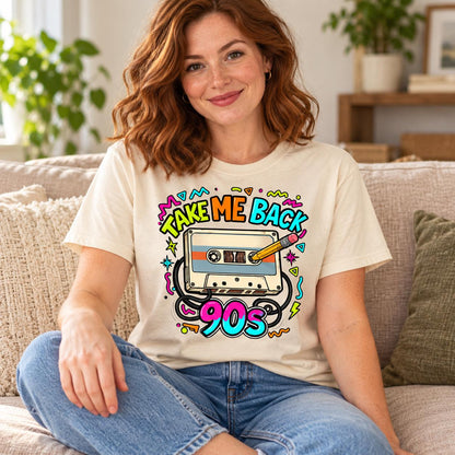 Take Me Back to the 90s Shirt, Retro Cassette Tape Graphic Tee, Neon 90s Party Outfit, Nostalgia Gift, Unisex Throwback T-Shirt