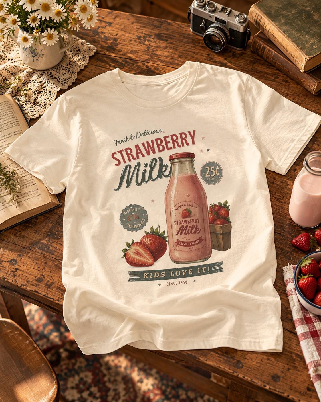 Vintage Strawberry Milk Graphic Tee | Retro 1950s Foodie Shirt