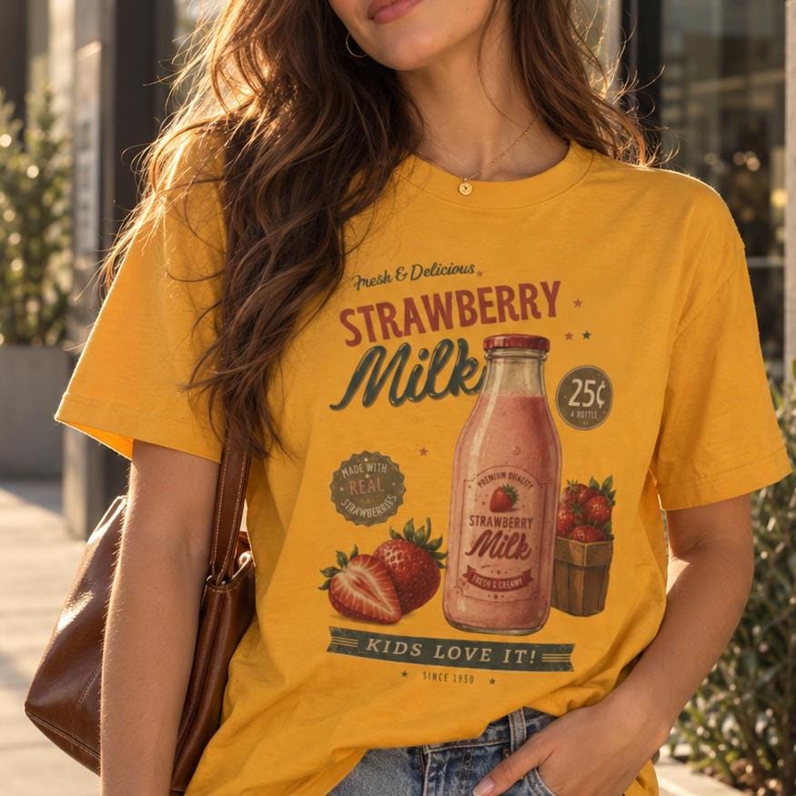 Vintage Strawberry Milk Graphic Tee | Retro 1950s Foodie Shirt