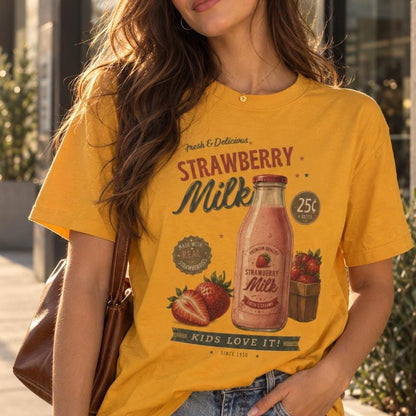Vintage Strawberry Milk Graphic Tee | Retro 1950s Foodie Shirt